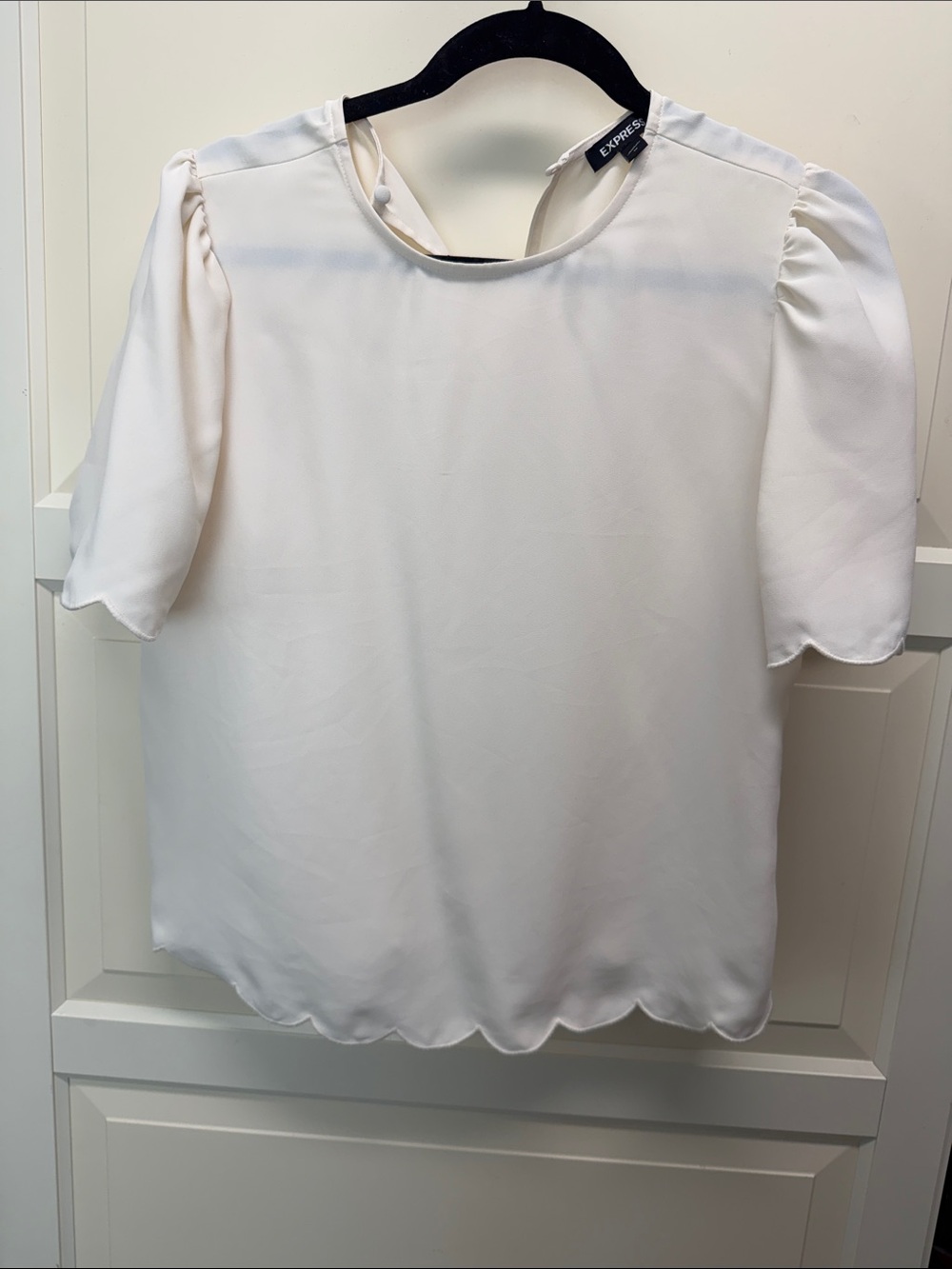 Express Cream Short-Sleeve Blouse with Scallop Hem